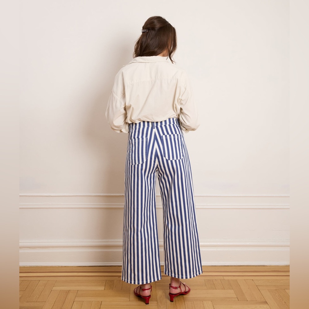 NWOT LOUP Simone Wide Crop Pants in Navy Striped - Picture 4 of 10